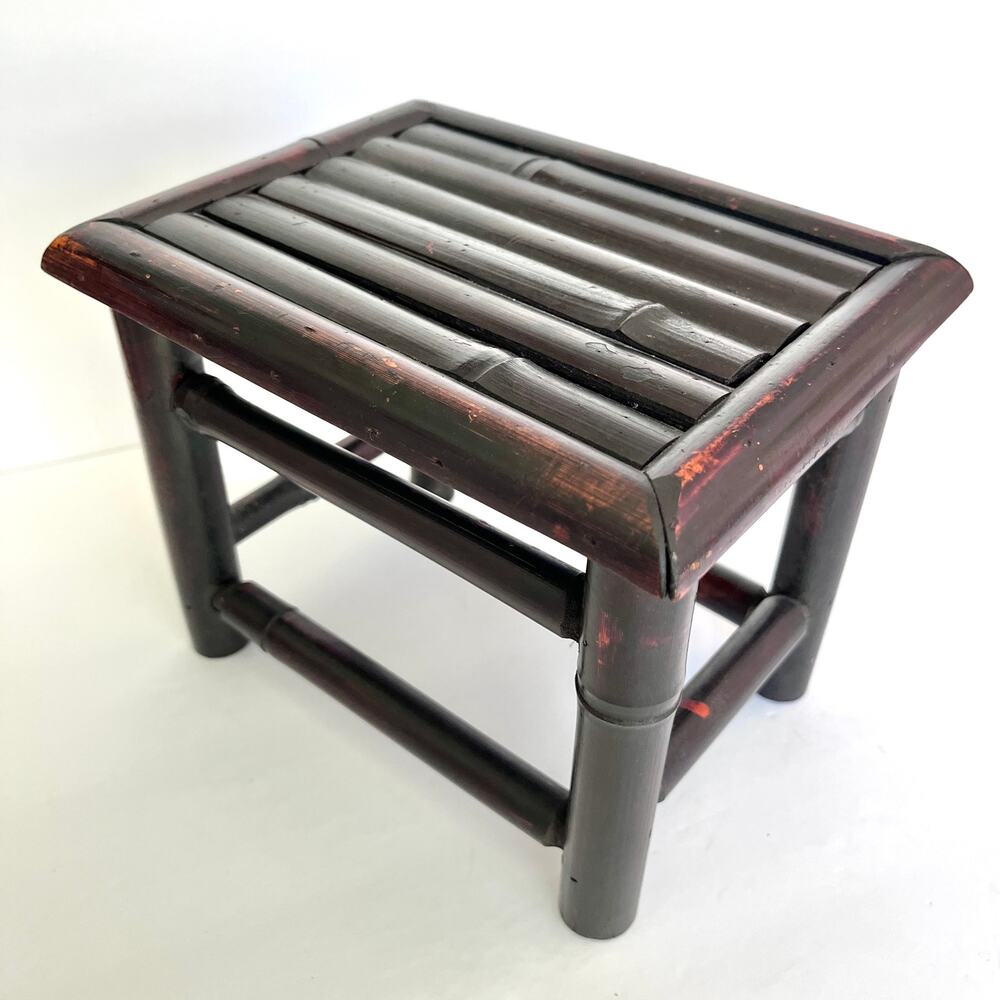 Vintage Bamboo Plant Stand Small Riser Dark Finish Chinoiserie Boho Mid Century
